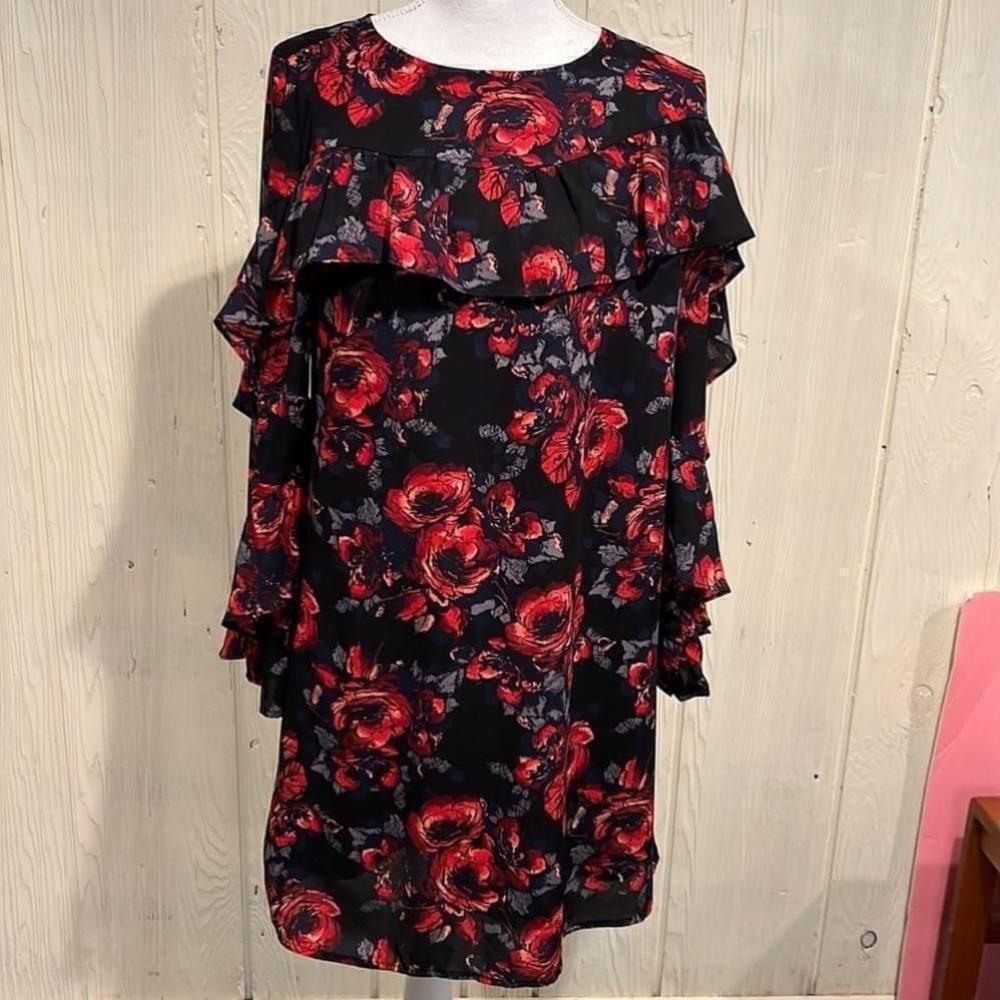 Halogen Black & Red Sheath Dress Bodice ruffle and ruffle sleeves size XS